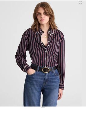 Madewell NWT long Button-Up Shirt in stripe poplin red blue women’s  XL
